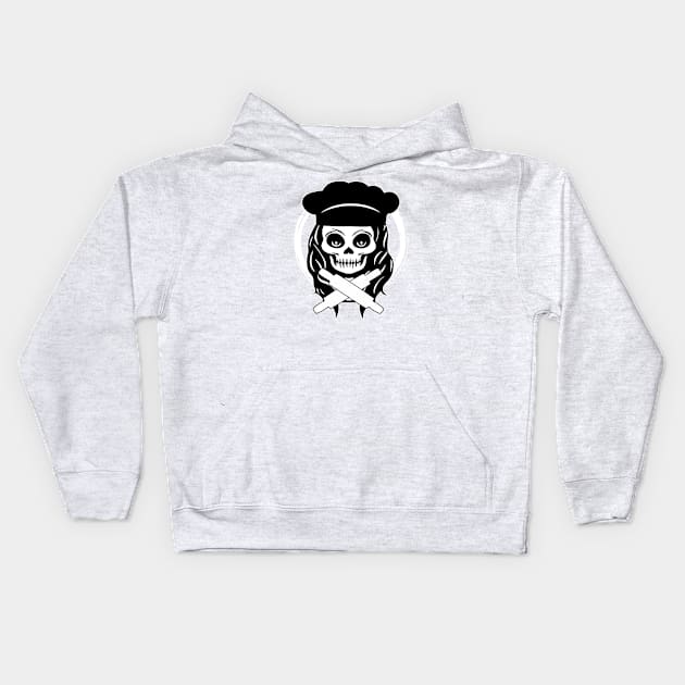 Female Baker Skull and Rolling Pins White Logo Kids Hoodie by Nuletto